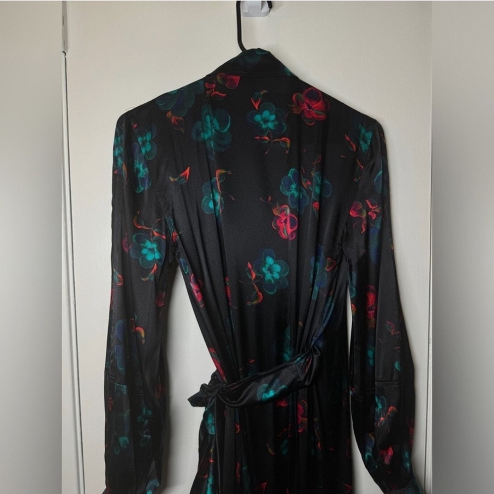 GANNI Black Silk Blend Red Blue Floral Long Puff Sleeves Wrap Mini Dress Size 42 - Picture 11 of 16